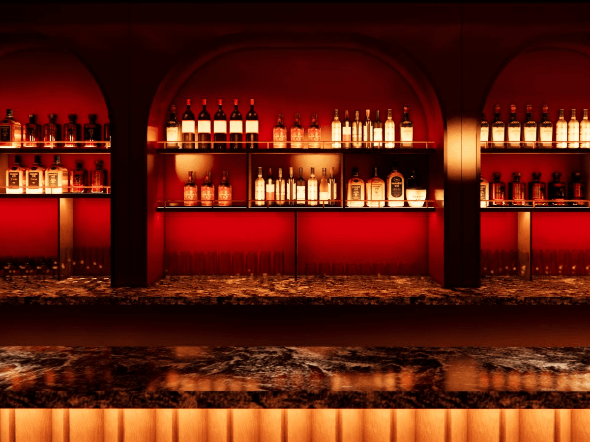 Moonshine bar interior showing red velvet decor, candlelit atmosphere, and elegant seating